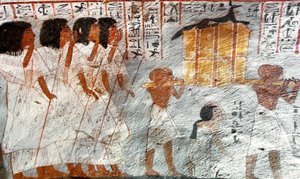 Starożytność egipska: procesja z nosicielami naczyń z baldachimem służących do zbierania wnętrzności zmarłego. Malowanie grobu Roya autorstwa Egyptian 18th Dynasty