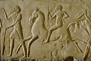 Starożytność egipska: płaskorzeźba z wojownikiem na koniu. Koniec XVIII dynastii autorstwa Egyptian 18th Dynasty