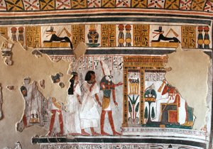 Egipskie antyki: Horus prowadzi Roya i jego żonę do Ozyrysa. Fragmenty fresku z Grobowca Roya (TT255). XVIII dynastia. Z Zachodniego Brzegu Luksoru, Egipt autorstwa Egyptian 18th Dynasty