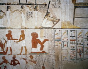 Uczta żałobna z udziałem muzykantek, mężczyzn i muzyków, detal z fresków w Grobowcu Rekhmire, Nekropolia Szejka Abd el Qurnah, Luksor, Thebes (Lista Światowego Dziedzictwa UNESCO) autorstwa Egyptian 18th Dynasty