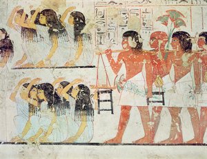 Grupa żałobników w procesji pogrzebowej Ramose, z kaplicy grobowej Ramose, Nowe Królestwo, ok. 1360 pne (malowidło ścienne) autorstwa Egyptian 18th Dynasty