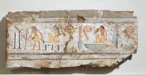 Inskrypcja ze szczególnie wyraźnymi hieroglifami: mężczyzna z laską, brodaty bóg w kucki, mężczyzna z ręką przy ustach ... autorstwa Egyptian 18th Dynasty
