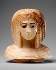 Pokrywka w kształcie głowy królewskiej kobiety, ok. 1349–36 p.n.e. (trawertyn, niebieskie szkło, obsydian) autorstwa Egyptian 18th Dynasty
