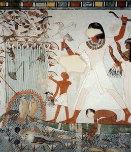 Menna i jego rodzina łowią ryby i ptactwo na bagnach Nilu, fragment fresków w kaplicy Grobowca Menny, Nekropolia Szejka Abd el Qurnah, Luksor, Teby (lista światowego dziedzictwa UNESCO autorstwa Egyptian 18th Dynasty
