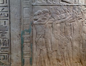 Nubian, Libyan, Syyrian ja Palestiinan ruhtinaat tulevat osoittamaan kunnioitusta kuningasta, bareljefi kalkkikivessä, Horemhebin memfilaishaudalta, Saqqarassa, Egyptin sivilisaatio, Uusi kuningaskunta, dynastia XVIII Puola autorstwa Egyptian 18th Dynasty