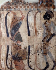Więźniowie podbitych krajów, namalowany na materiale z grobowca Tutanchamona, cywilizacja egipska, Nowe Państwo, XVIII dynastia, szczegół twarzy autorstwa Egyptian 18th Dynasty
