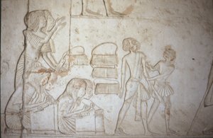 Relief przedstawiający skrybów przy pracy, z grobowca Horemheba (ok. 1323-1295 pne) Nowe Królestwo (malarstwo ścienne) (szczegóły patrz 218337)