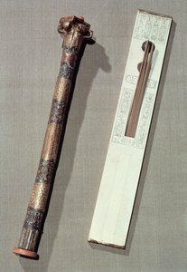 Paleta skrybów i pudełko do pisania stroików, z grobowca Tutanchamona (ok. 1370-52 pne) Nowe Królestwo (patrz także 228566)