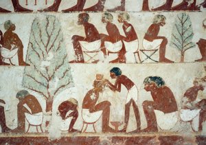 Żołnierze obcinający włosy, detal z fresków w Grobowcu Userhata, Nekropolia Szejka Abd el Qurnah, Luksor, Teby (Lista Światowego Dziedzictwa UNESCO autorstwa Egyptian 18th Dynasty