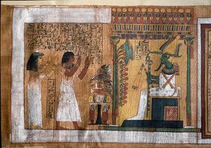 Zmarły Kha i jego żona Merit czczą Ozyrysa, pana zaświatów - Papirus z Księgi Umarłych, z komnaty grobowej architekta Kha autorstwa Egyptian 18th Dynasty