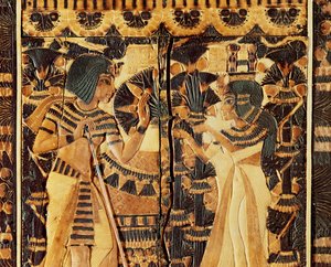 Górny panel ze skrzyni, z Grobowca Tutanchamona, Nowe Królestwo (drewno, brąz, kość słoniowa i kolorowa glazura) autorstwa Egyptian 18th Dynasty