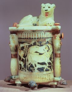 Słój na maść z postacią króla jako lwa, z grobowca Tutanchamona (ok. 1370-52 pne) Nowe Królestwo (malowany alabaster) (patrz także 391016)
