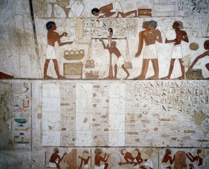Ważenie złota i srebra, detal z fresków w grobowcu Rekhmire, Nekropolia Szejka Abd el Qurnah, Luksor, Teby (lista światowego dziedzictwa UNESCO autorstwa Egyptian 18th Dynasty