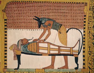 Anubis uczęszcza do mumii Sennedjems, z Grobowca Sennedżema, Wioska Robotnicza, Nowe Królestwo (mural) (patrz także 67892)