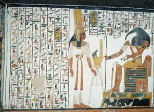 Rozdział 94 Księgi Umarłych, Nefertari stojąca przed bogiem Totem, skrybą z głową ibisa, fresk, północna ściana, komnata po wschodniej stronie, Grobowiec Nefertari (QV66), Dolina Królowych, Teby. Cywilizacja egipska, Nowe Państwo, XIX dynastia.