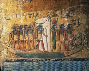 Egipt, Luksor, Starożytne Teby, Dolina Królów, Grób Setiego I, freski przedstawiające łódź słoneczną z bogiem z głową barana autorstwa Egyptian 19th Dynasty