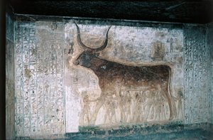Egipt, Luksor, Dolina Królów, grobowiec Setiego I, wewnętrzne freski przedstawiające boginię Nut jako krowę autorstwa Egyptian 19th Dynasty