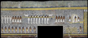 Egipt, Teby, Luksor, Dolina Królów, Grób Ramzesa I, malowidło ścienne Ra w korze słonecznej w komorze grobowej z XIX dynastii autorstwa Egyptian 19th Dynasty