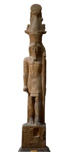 Starożytność egipska: posąg faraona Seti II (Seti lub Sety) (1200-1194 pne) z XIX dynastii w różowym gresie, niesie berło z symbolem boga Amona, Dim. 465 cm. Muzeum Egipskie w Turynie. autorstwa Egyptian 19th Dynasty