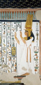 Nefertari przed pierwszymi drzwiami Królestwa Ozyrysa, wznosząca ręce na znak uwielbienia, fresk, komnata grobowa, Grobowiec Nefertari (QV66), Dolina Królowych, Teby. Cywilizacja egipska, Nowe Państwo, XIX dynastia.