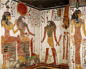 Nefertari zostaje sprowadzona przed boga Re-Horachtiego przez Horusa, z Grobowca Nefertari, Nowe Królestwo (malowidło ścienne)