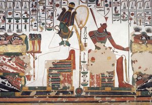 Ozyrys i Atum, fresk, wschodnia ściana, wschodnia komnata boczna, Grobowiec Nefertari (QV66), Dolina Królowych, Teby (Lista Światowego Dziedzictwa UNESCO autorstwa Egyptian 19th Dynasty