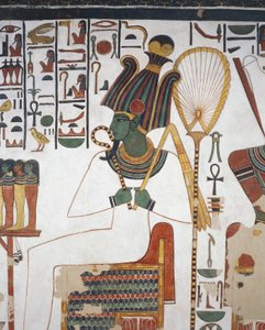 Ozyrys, fresk, wschodnia ściana, wschodnia komora boczna, grobowiec Nefertari (QV66), Dolina Królowych, Teby (lista światowego dziedzictwa UNESCO) autorstwa Egyptian 19th Dynasty