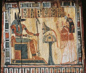 Malowana drewniana skrzynia przedstawiająca zmarłego i boga Anubiego, dla shabtis z Tamutnofret autorstwa Egyptian 19th Dynasty