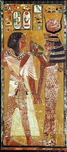 Relief przedstawiający Boginię Hathor umieszczającą magiczny kołnierz na Seti I (ok. 1394-1279 pne) Nowe Królestwo (malowany wapień)