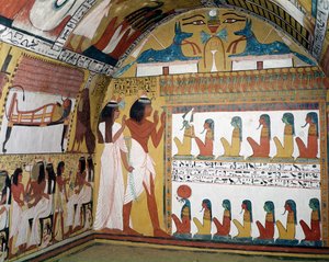 Sennedjem i jego żona naprzeciw naos zawierającego dwanaście bóstw, od zachodniej ściany Grobowca Sennedżema, Wioska Robotnicza, Nowe Królestwo (malowidło ścienne)