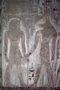 Seti I (1303-1290 pne) i Anubis w grobowcu Seti, Nowe Królestwo (malarstwo ścienne)