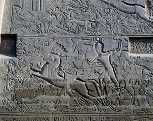 Kampanie Setiego I w Syrii i Palestynie, relief, północna zewnętrzna ściana Wielkiej Sali Hypostylowej, kompleks świątynny w Karnaku (Lista światowego dziedzictwa UNESCO) autorstwa Egyptian 19th Dynasty