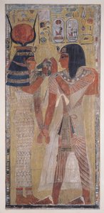 Bogini Hathor umieszczająca magiczny kołnierz na Seti I (ok. 1394-1279 pne), zabrana z grobowca Setiego I w Dolinie Królów, Nowe Królestwo (malowana płaskorzeźba wapienna) autorstwa Egyptian 19th Dynasty