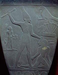 Paleta Narmera: ceremonialna paleta przedstawiająca króla Narmera, noszącego białą koronę Górnego Egiptu, uderzającego więźnia, znaleziona w Hierakonpolis, wczesny okres dynastyczny, ok. 3000 p.n.e.