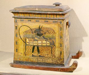 Anubis Mumifikujący zmarłego, ze trumny poświęconej Nefertari, Nowe Królestwo (drewno)