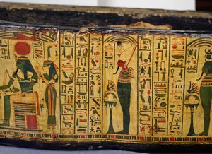 Szczegół zewnętrznej podstawy trumny mumii Nesyamona, prawdopodobnie znaleziony w Deir El-Bahri, Nowe Królestwo, ok. 1100 pne (malowane drewno) autorstwa Egyptian 20th Dynasty