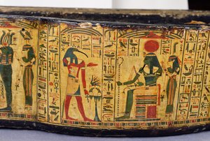 Szczegół zewnętrznej podstawy trumny mumii Nesyamona, prawdopodobnie znaleziony w Deir El-Bahri, Nowe Królestwo, ok. 1100 pne (malowane drewno) autorstwa Egyptian 20th Dynasty