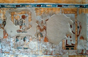 Starożytność egipska: przedstawienie Shuroya i jego żony czczących boga Thota i boginię Ra. Malowanie grobowca Shuroy autorstwa Egyptian 20th Dynasty