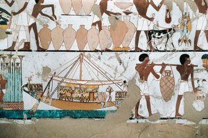 Malowidło ścienne przedstawiające scenę przewozu wina na łodzi, z Nowego Królestwa autorstwa Egyptian 20th Dynasty