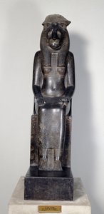 Starożytność egipska: bóstwo lwica Sekhmet z nabojem króla Szeszonka I. Posąg z czarnego granitu. 950-929 pne. Turyn, muzeum egipskie
