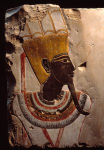 Starożytność egipska: fragment obrazu na wapieniu przedstawiający boga płodności Amona Mina (Amon-Min). Luksor, Muzeum Sztuki Egipskiej autorstwa Egyptian Egyptian