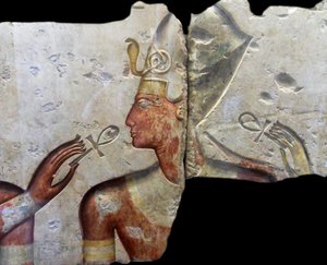 Król Ramzes II wśród bogów. Pochodzi z małej świątyni zbudowanej przez króla Ramzesa II w Abydos. Około 1275 r. p.n.e. (19. dynastia) (malowany wapień) autorstwa Egyptian Egyptian