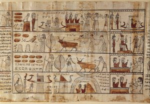 Egipskie antyki: pola Elizejskie. Obraz na papirusie z Księgi Umarłych. Okres Ptolemejski Turyn, Muzeum Egipskie - Starożytny Egipt: Pola Elizejskie. Obraz na papirusie z Księgi Umarłych. Okres Ptolemejski. Muzeum Egipskie, Turyn, It autorstwa Egyptian Ptolemaic Period