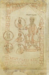 Drzewo genealogiczne dynastii Salian: Konrad II, Henryk III, Henryk IV, jego żona Eupraxia z Kijowa, Henryk V, XII w. autorstwa Ekkehard of Aura