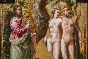 Przenośny tył ołtarza: Adm i Ewa zwróceni do Wiecznego Ojca, fragment 2384587 (tempera grassa na panelu) autorstwa El Greco
