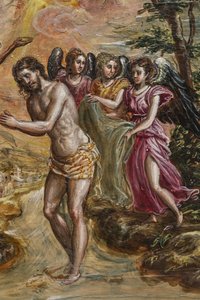 Ołtarz przenośny: fragment panelu drzwi prawych przedstawiający Chrzest Chrystusa (na panelu tempera grassa) autorstwa El Greco