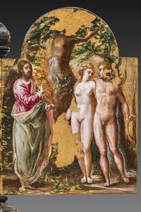 Przenośny tył ołtarza: Adam i Ewa zwróceni twarzami do Wiecznego Ojca, fragment 2384587 (tempera grassa na panelu) autorstwa El Greco
