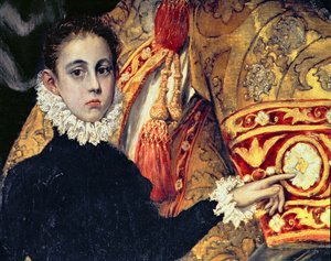 Pogrzeb hrabiego Orgaza, z legendy z 1323 r., fragment chłopca, uważanego za syna malarza Jorge Manuela, 1586-88 olej na płótnie fragment 44240 autorstwa El Greco