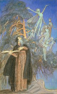 Prospero i Ariel, studium do zaginionego obrazu na zlecenie Broadcasting House, Londyn, ok. 1931 (pastel na papierze) autorstwa Eleanor Fortescue Brickdale