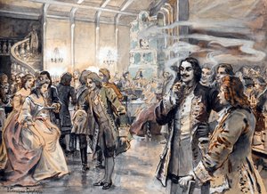 Uroczystości wielkanocne na dworze Piotra Wielkiego (Pierre le grand) - Peinture de Elena Petrovna Samokish Sudkovskaya (Samokish-Sudkovskaya)(1863-1924) - Akwarela, Gwasz na tekturze, 25,38x35 - Kolekcja prywatna
